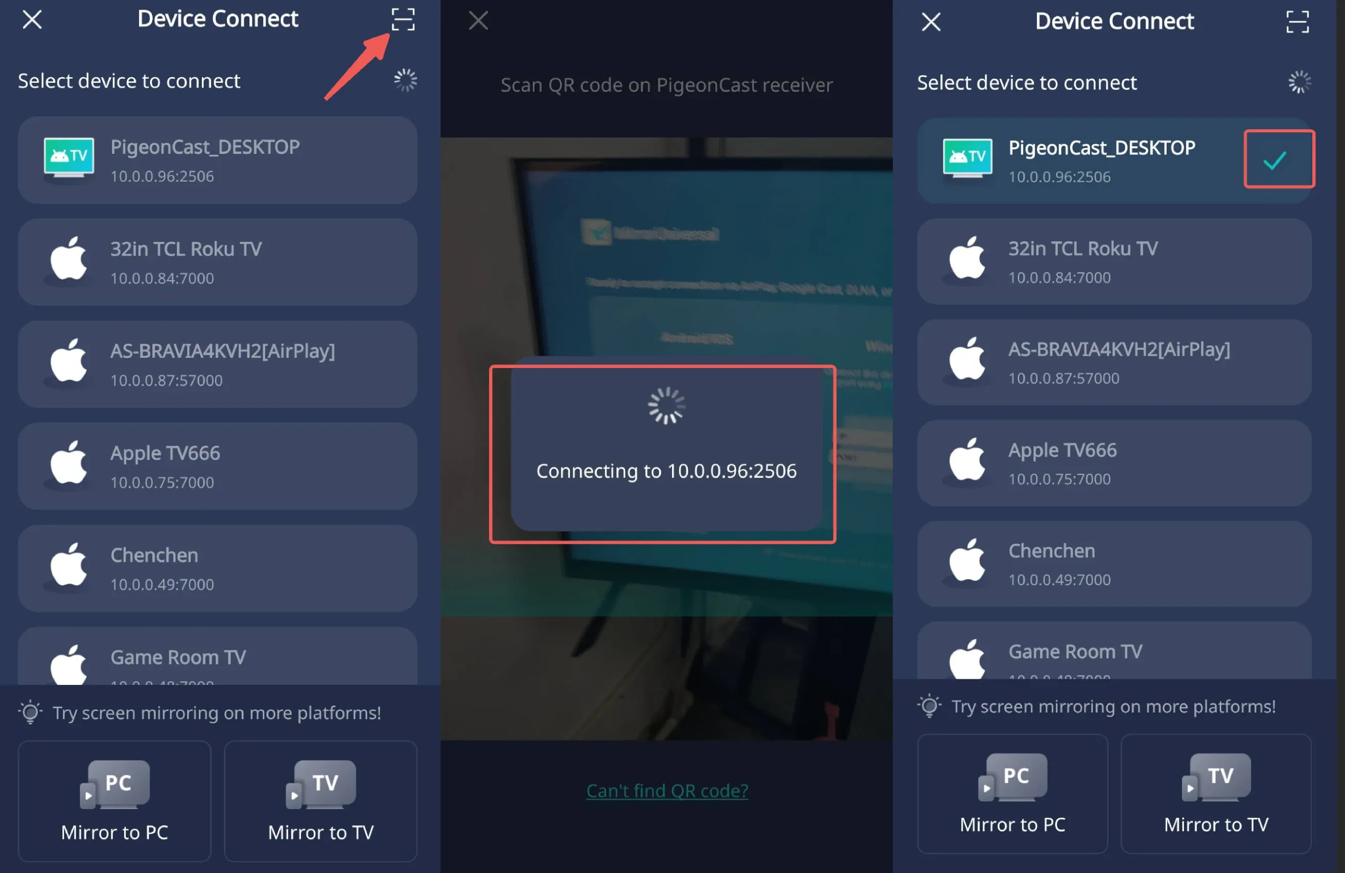 Escanee el código QR y conecte el teléfono Android al Apple TV