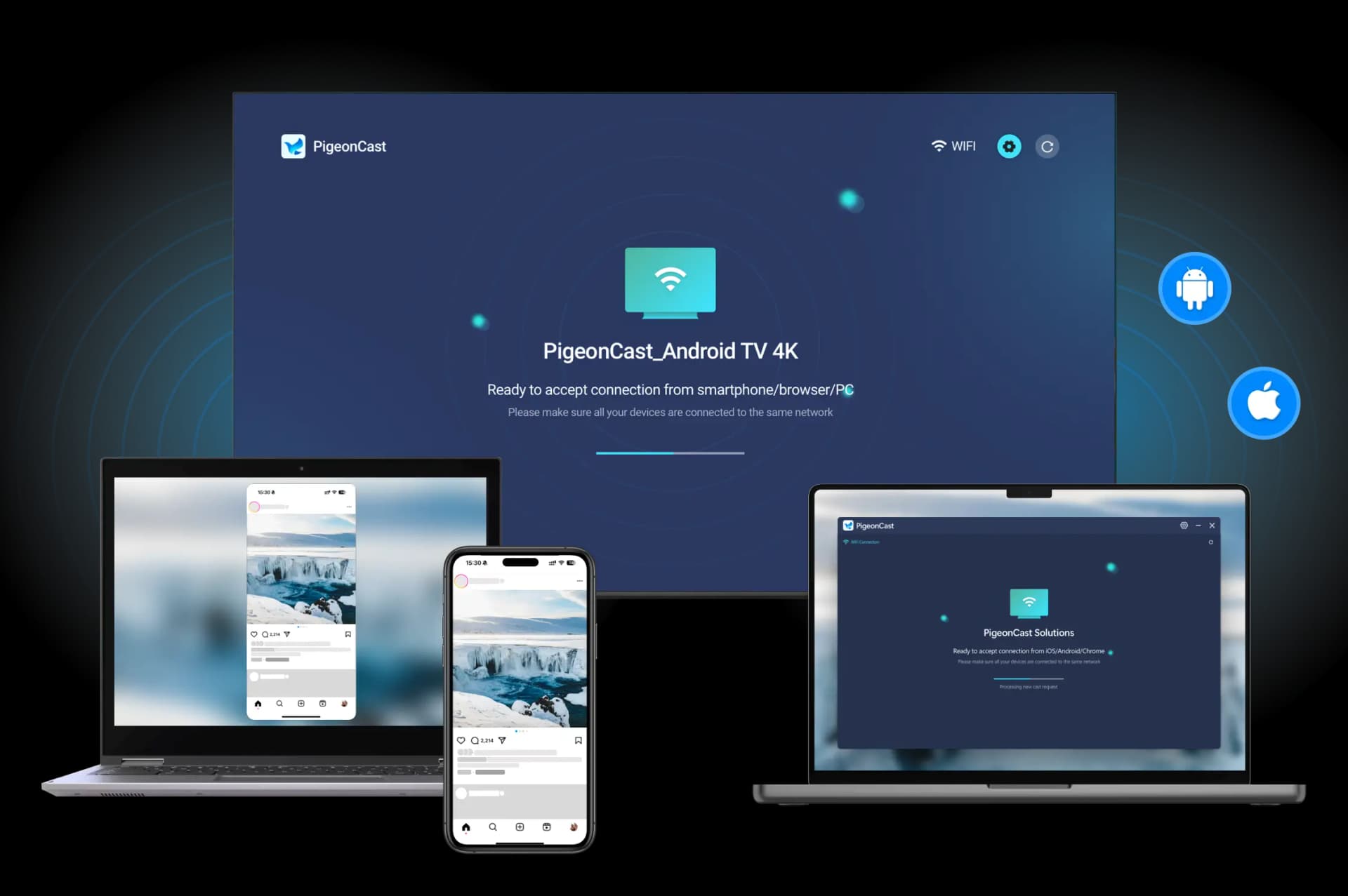 PigeonCast screen mirroring across phones, computers and TVs