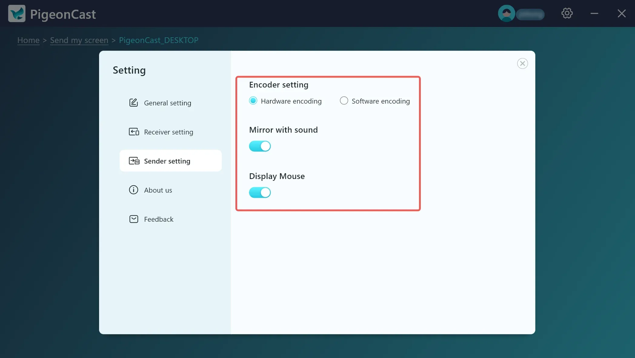 Settings for Sender