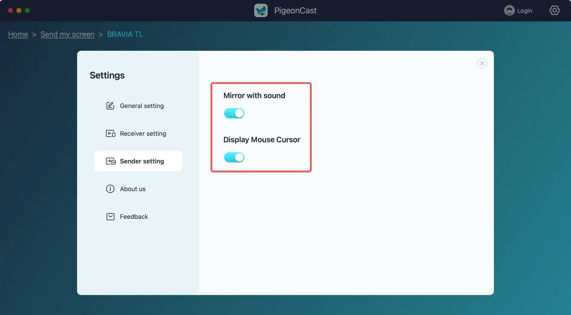 Settings for Sender