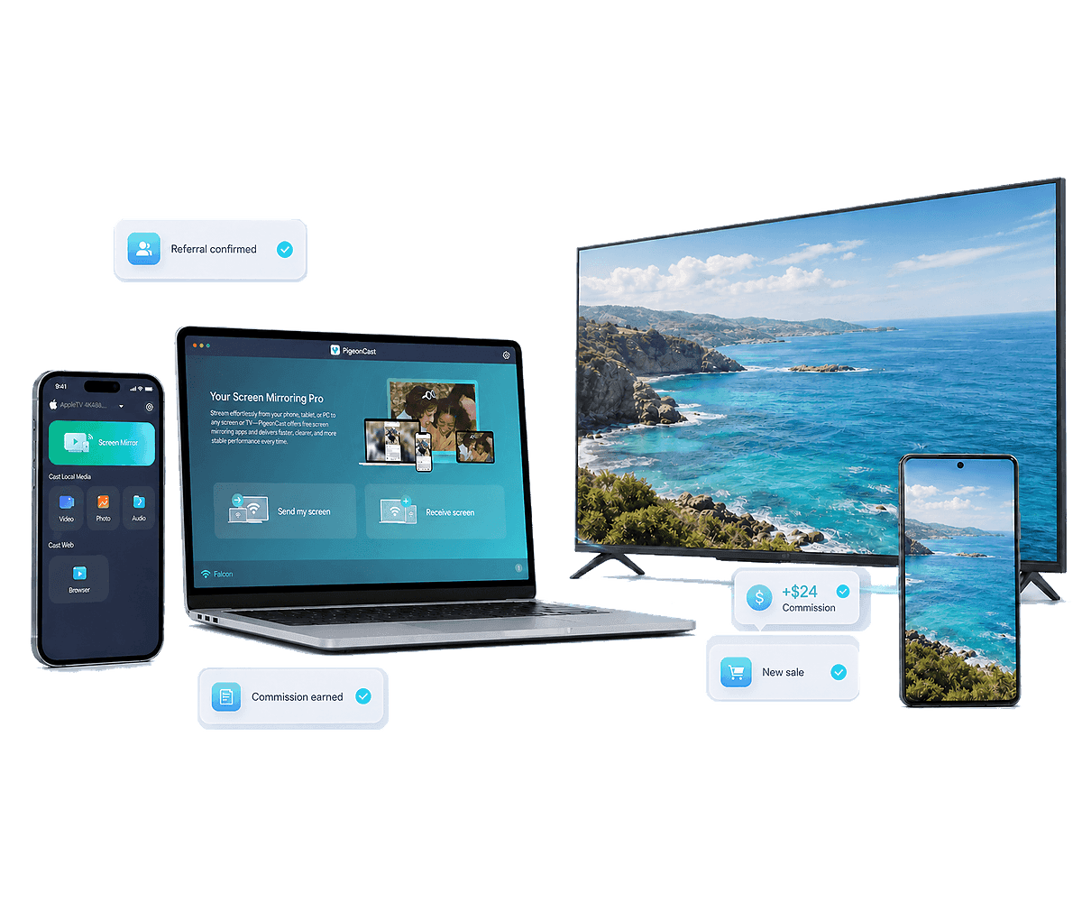 PigeonCast screen mirroring across phones, computers and TVs