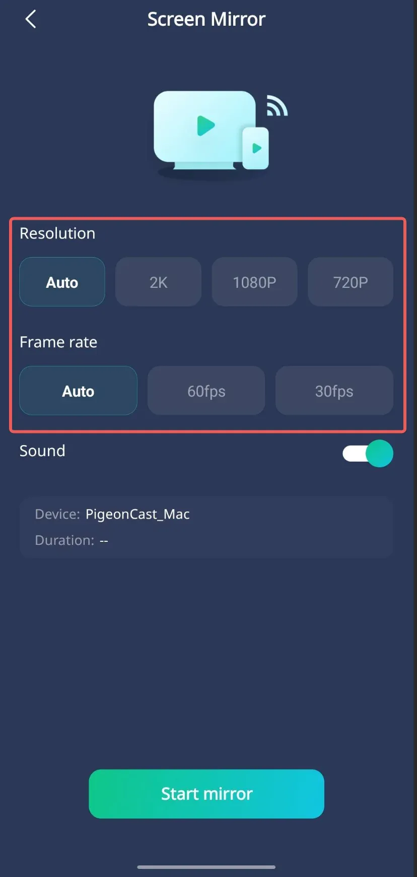 Select Screen Mirroring Parameters