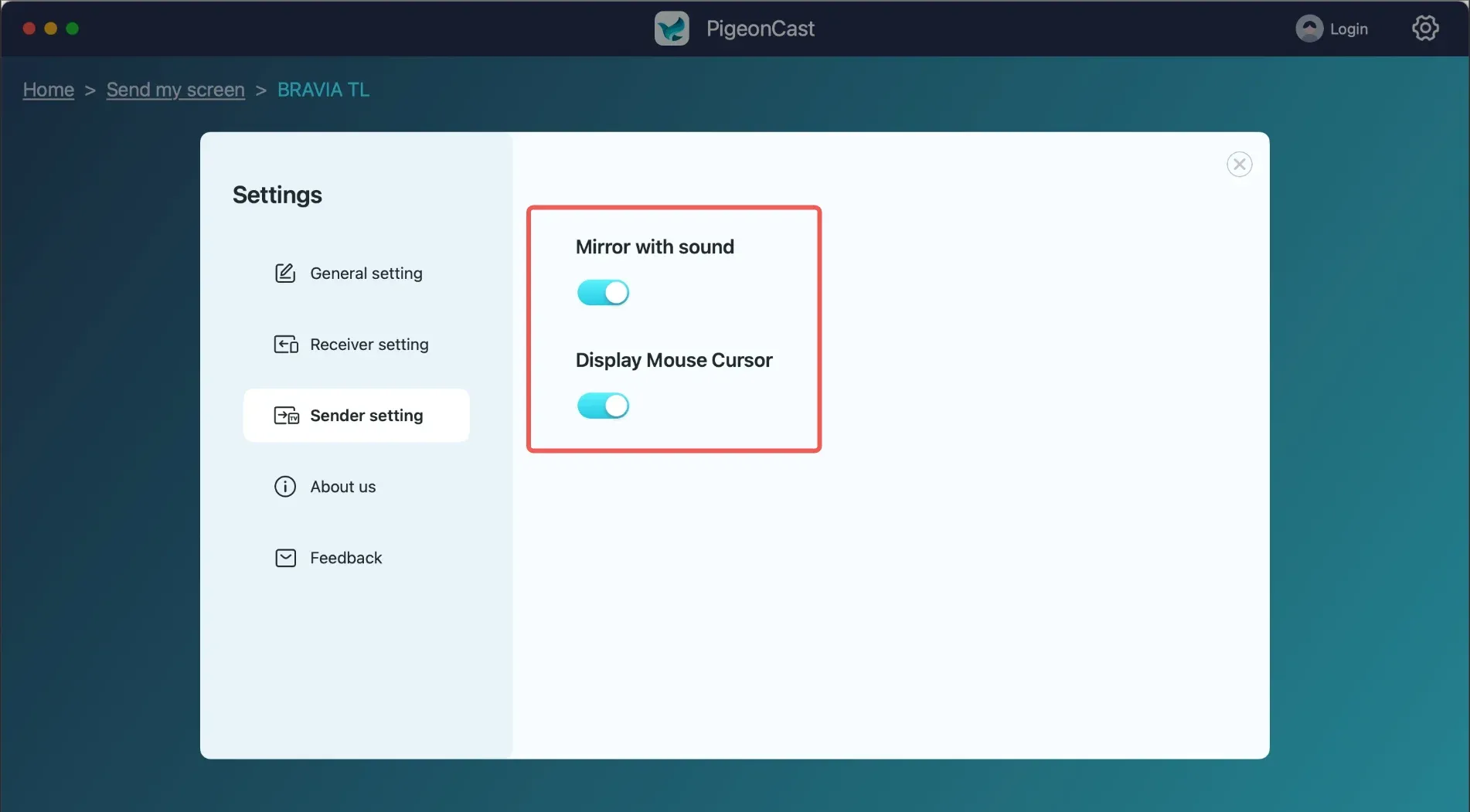 Settings for Sender